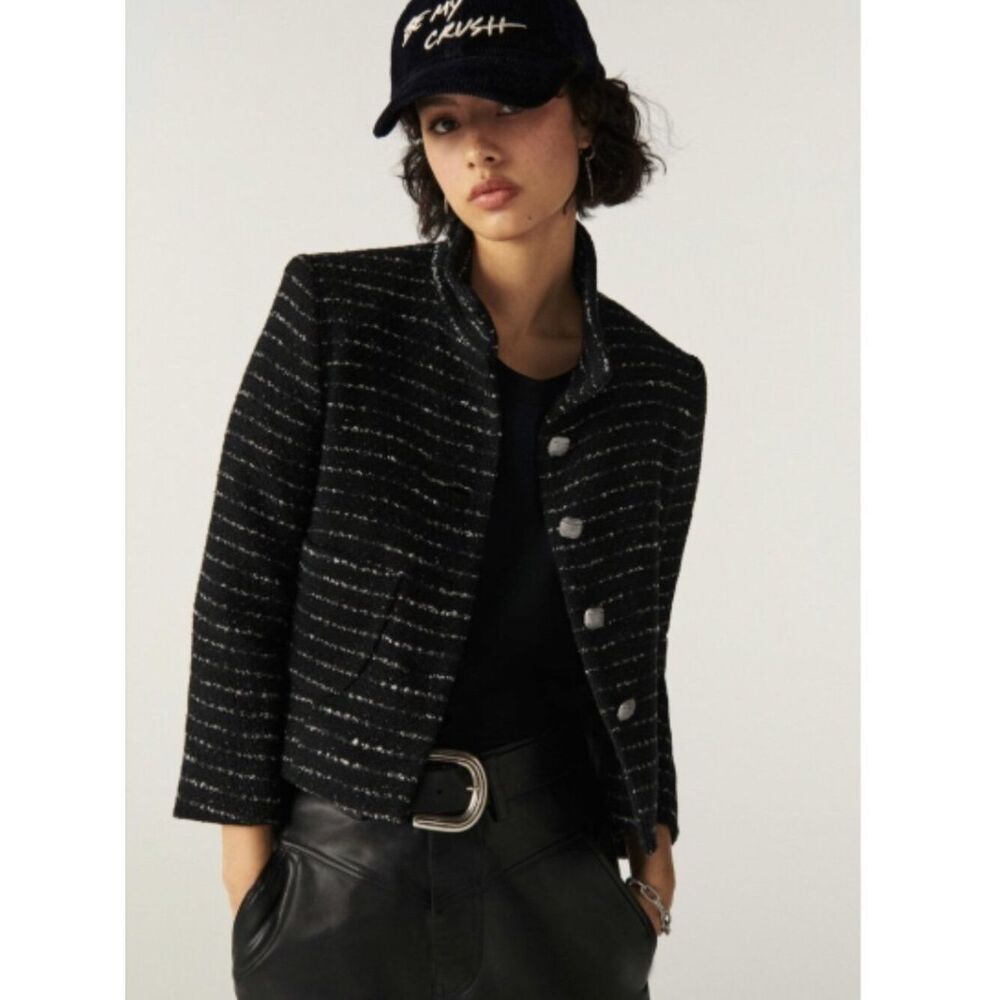 EUC ba&sh Erin Blazer-Noir Black Tweed Button-Front Cropped Blazer Size 6/M